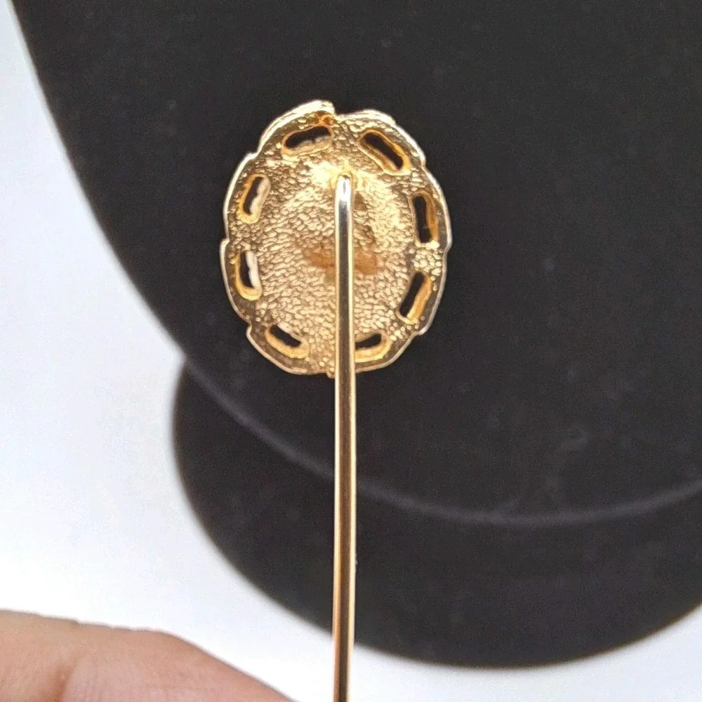 Opal Stone Stick Pin Open Lace Edge Design Gold Tone Cabochon 2.25